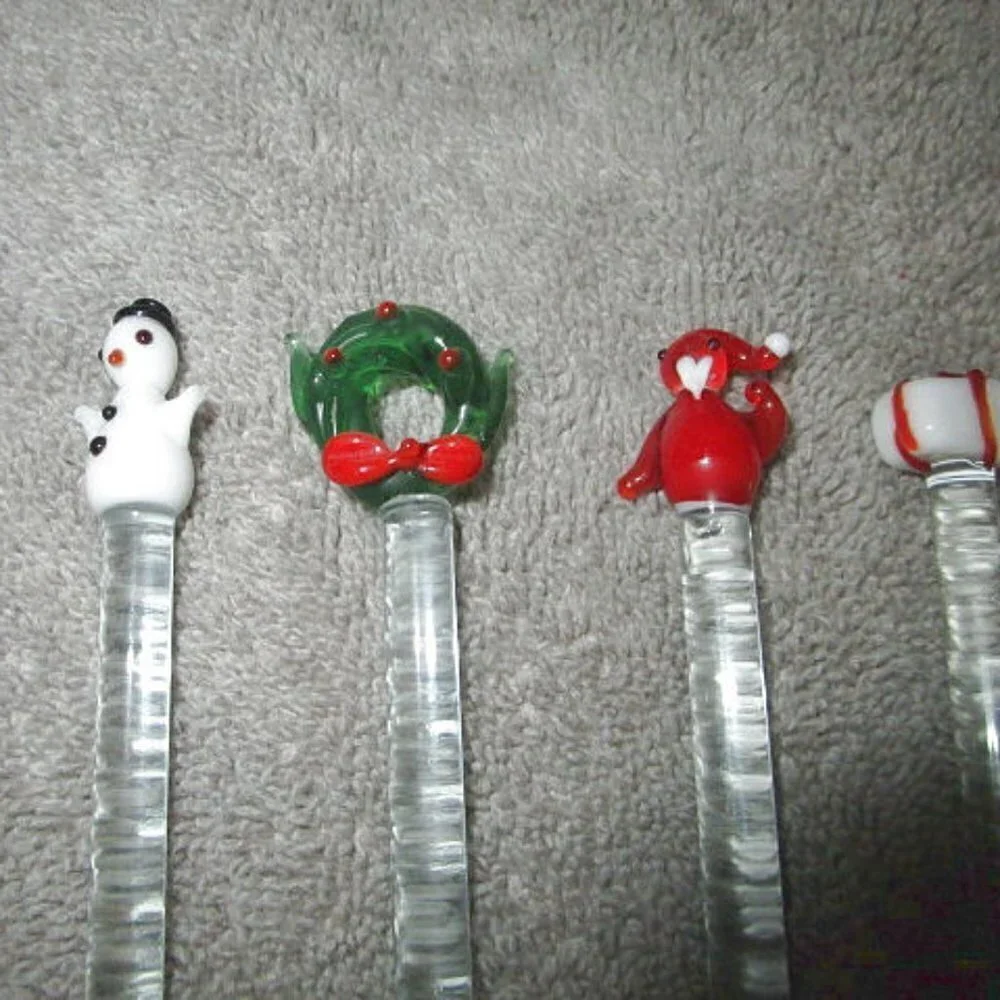 Vtg Hand Blown Glass Christmas Swizzle Sticks Set Of 5 Drink Cocktail Stirrer